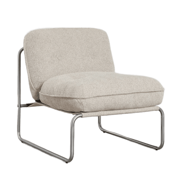 A modern armchair featuring a plush, upholstered seat and backrest supported by a sleek, tubular metal frame. The fabric has a textured, boucle-like appearance. The armchair lacks armrests and has a low-profile design. — 3D model