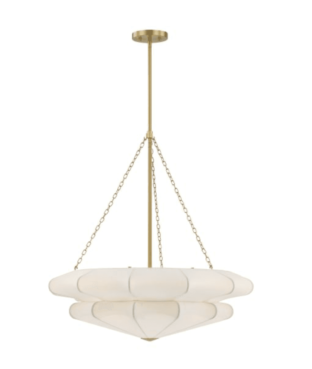 A contemporary ceiling-mounted light fixture featuring a satin brass finish and a distinctive tiered fabric diffuser. The fixture is suspended by a rigid rod and supported by four chains, leading down to two concentric, organically shaped diffusers made of translucent white fabric. — 3D model