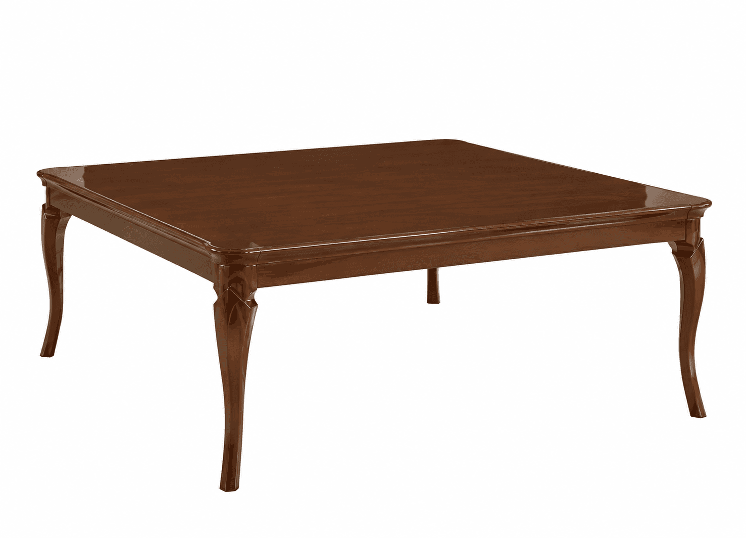 A polished dark cherry wood square table featuring elegant cabriole legs and a smooth, reflective ta… — 3D model
