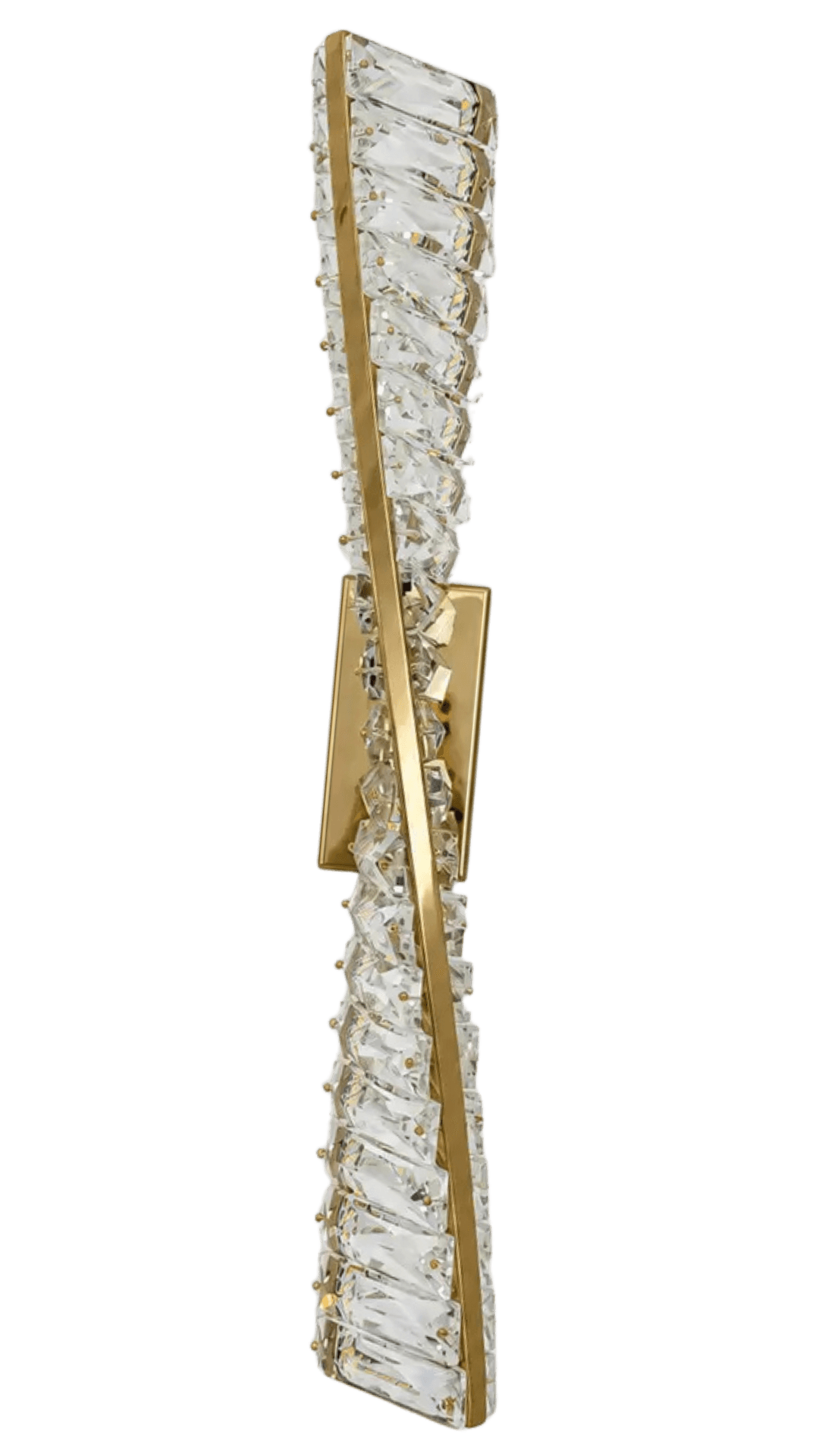 A vertical, wall-mounted lighting fixture featuring a polished gold-toned metal frame intricately embellished with numerous clear, faceted crystal elements. The crystals are arranged in a multi-tiered pattern along the central metal structure, designed to refract and reflect light. A rectangular gold-finished mounting plate is visible at the center. — 3D model