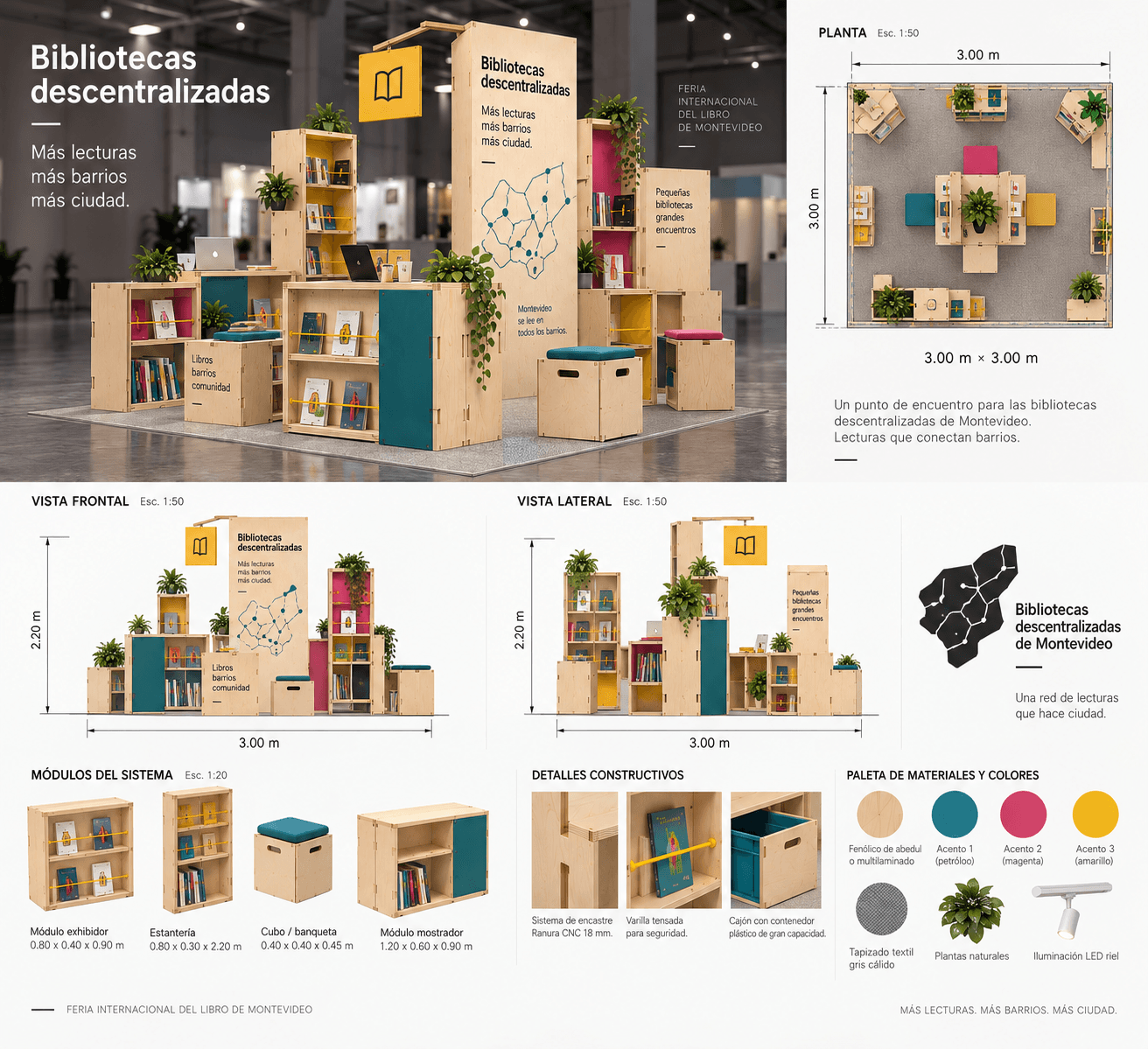 A comprehensive modular display system constructed from light-toned plywood, featuring numerous shelving units, integrated seating cubes with colorful cushions, and large display panels. The system is designed for flexible arrangement and showcases books, laptops, and plants, with vibrant teal, pink, and yellow accent panels. — 3D model