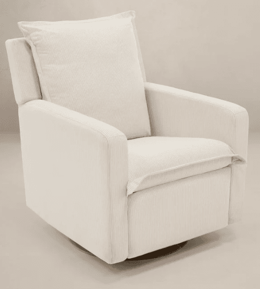 An inviting cream-colored upholstered armchair featuring a plush corduroy fabric. The chair exhibits a contemporary, boxy silhouette with generous fixed armrests and includes a loose seat cushion and a loose back cushion, all in the same ribbed corduroy material. It rests on a discreet, fully integrated circular swivel base, allowing for smooth rotation. — 3D model