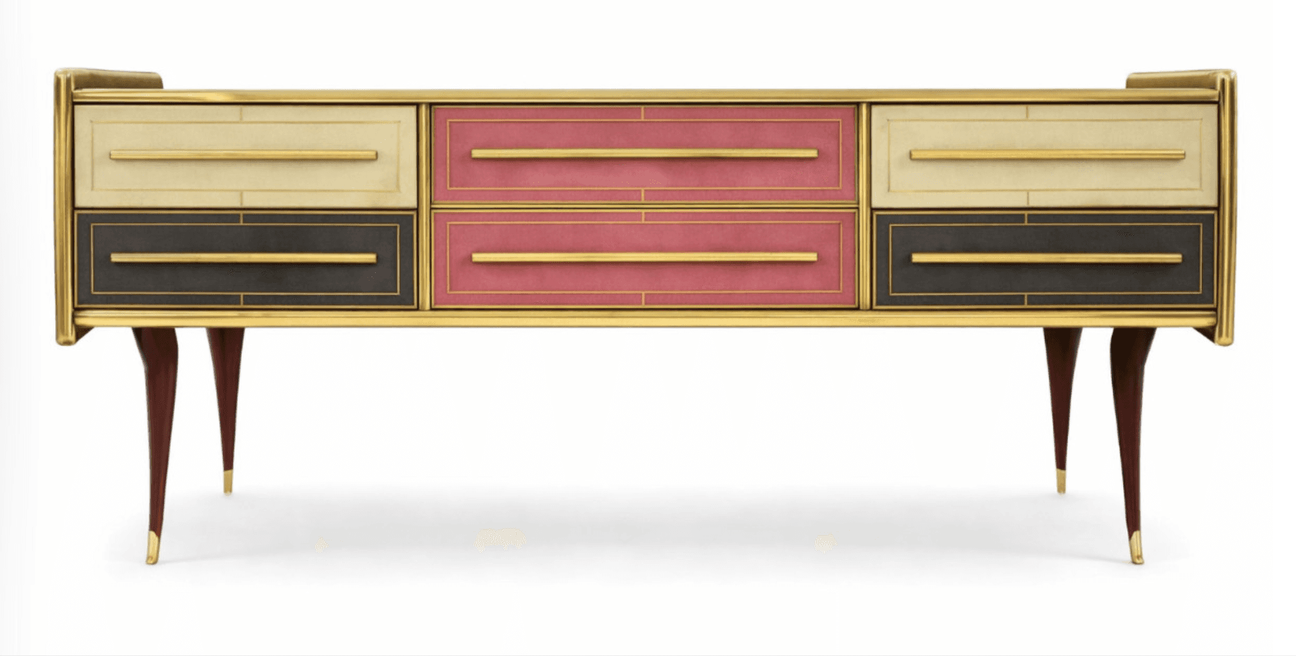 A long, low dresser with a minimalist design. It features six drawers arranged in two rows of three.… — 3D model