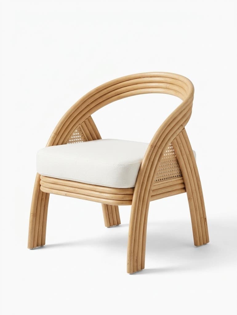 A low-slung lounge chair with a curved frame made from natural rattan poles, featuring a woven cane back panel and a removable white fabric seat cushion. — 3D model