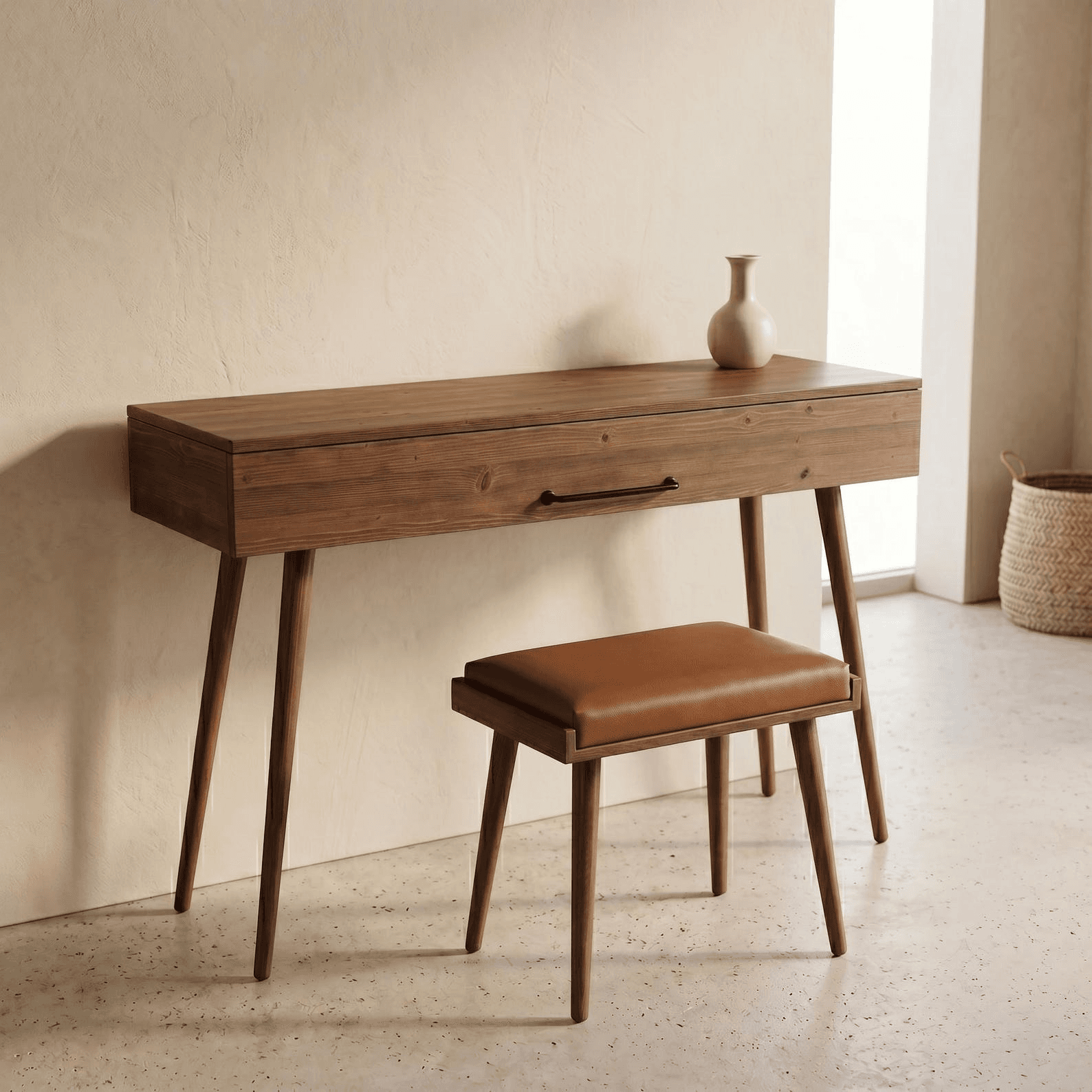 A slender, rectangular console table in a mid-century modern style, featuring a warm, medium-brown wood finish, four tapered splayed legs, and a single drawer with a minimalist black metal bar pull. — 3D model
