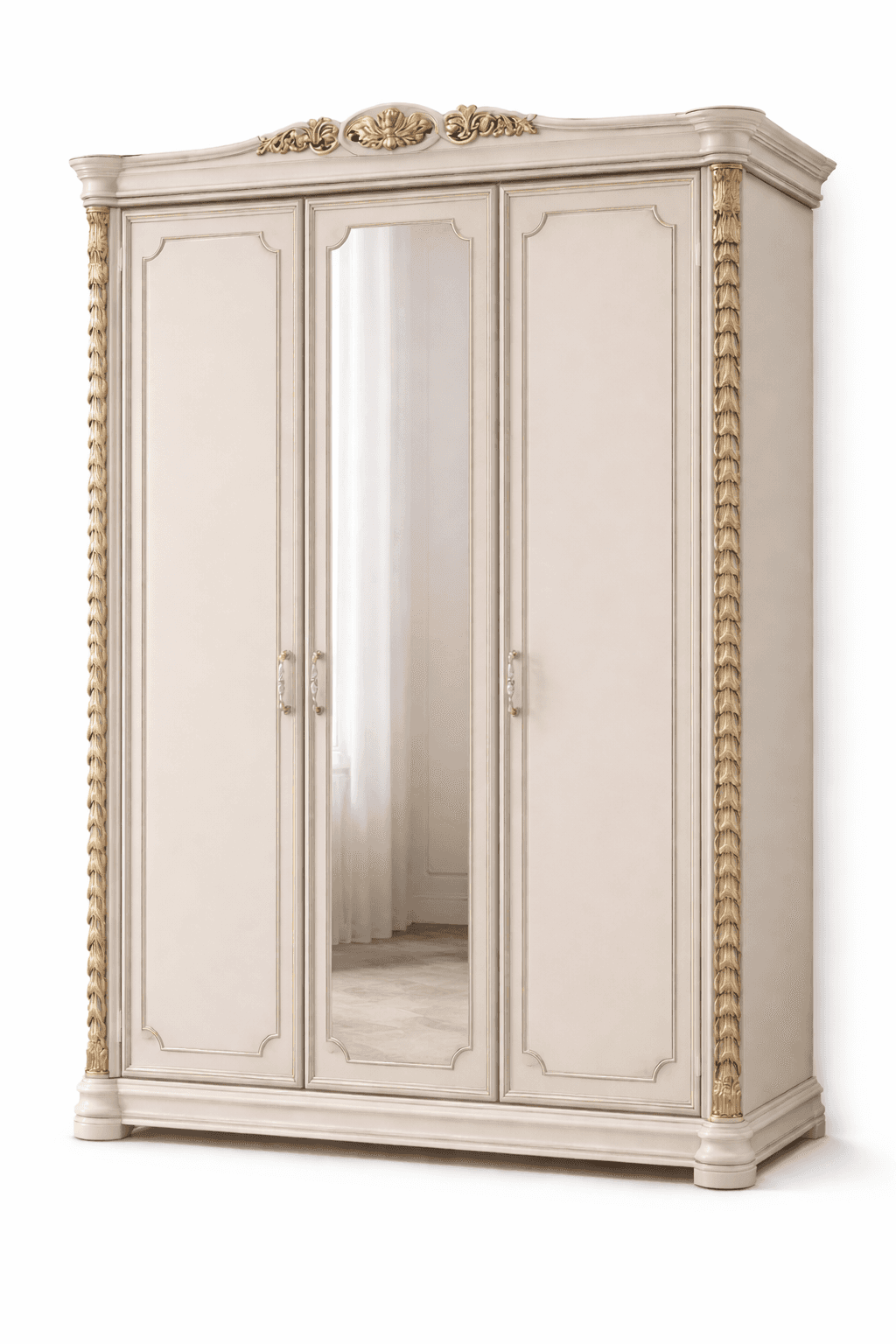 A three-door wardrobe with a central mirrored door. The wardrobe features ornate gold-colored decora… — 3D model