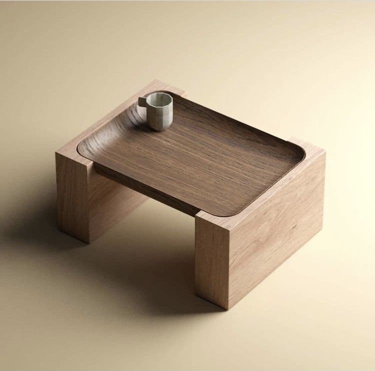 A low, rectangular wooden table featuring a deep, recessed, curved-edge tray made of a darker wood, seamlessly integrated into a lighter wood frame. A small ceramic mug rests within the tray. — 3D model