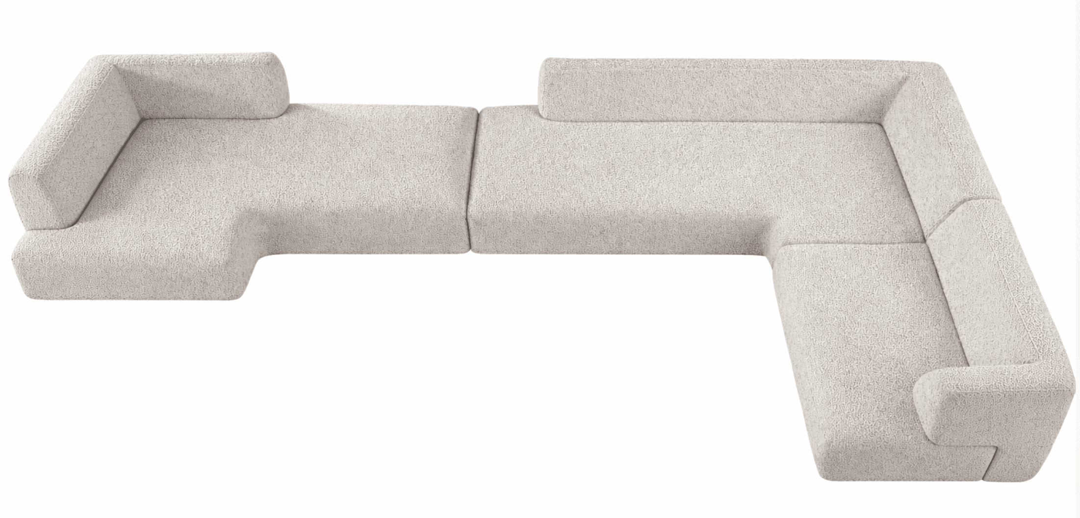 A modular sectional sofa with a low profile and minimalist design. The configuration appears to be L-shaped, consisting of multiple interlocking sections. It features clean lines, thick cushioning, and integrated armrests. The surface is upholstered in a light-colored, textured fabric. — 3D model
