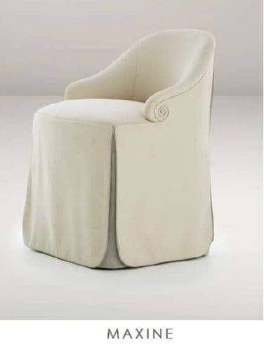 A fully upholstered cream-colored accent chair featuring a waterfall skirt concealing its legs. The… — 3D model