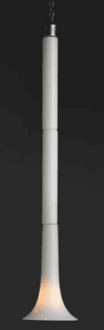 A modern pendant light featuring a long, vertical cylindrical body crafted from frosted white glass… — 3D model