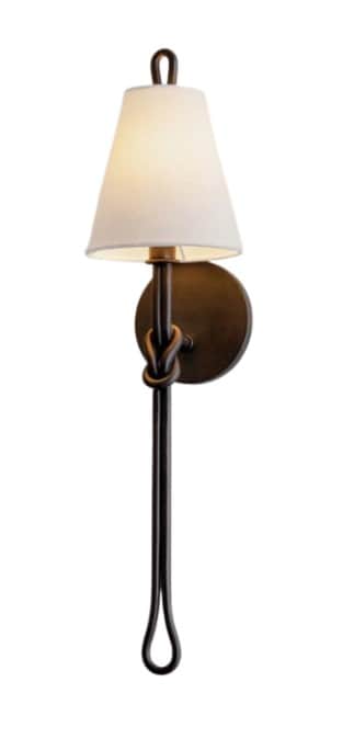 A single wall sconce featuring a dark, possibly oil-rubbed bronze or wrought iron finish, with a cre… — 3D model