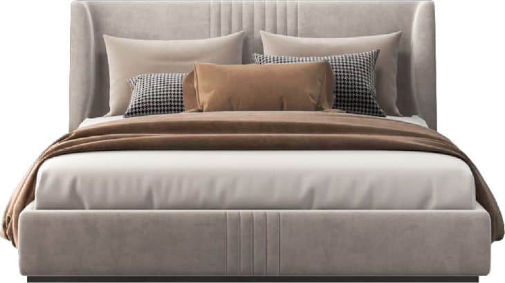 A modern upholstered platform bed featuring a tall, wingback-style headboard with vertical fluted st… — 3D model