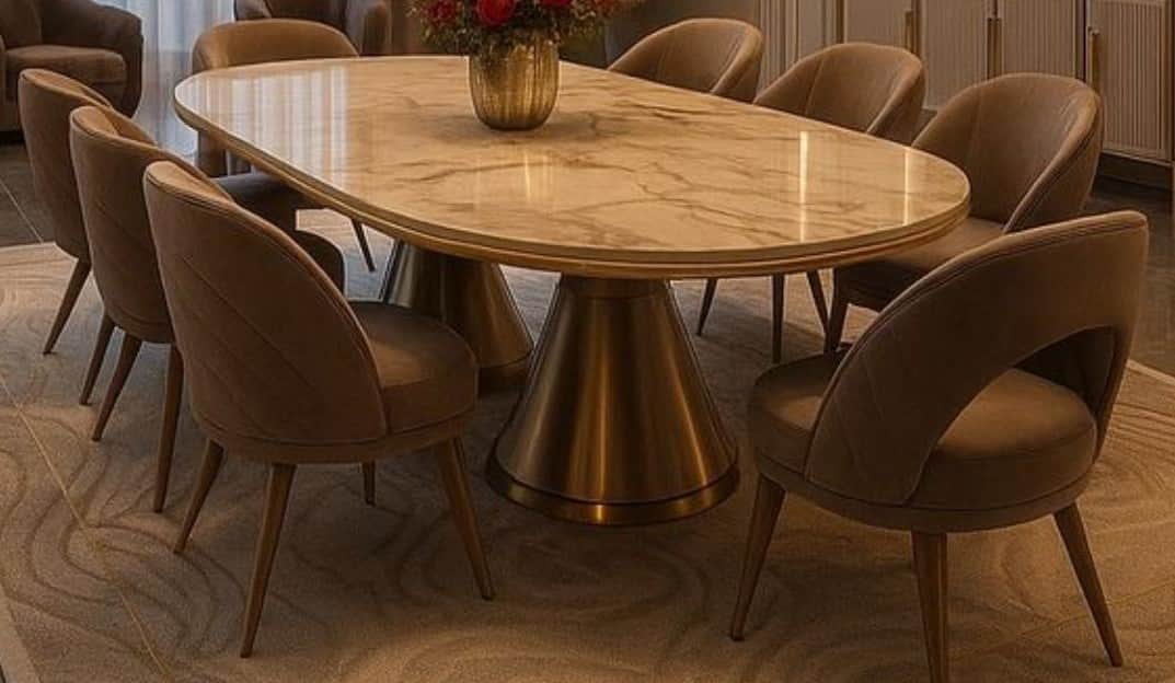 An elegant oval coffee table featuring a light-colored marble top with prominent natural veining, su… — 3D model