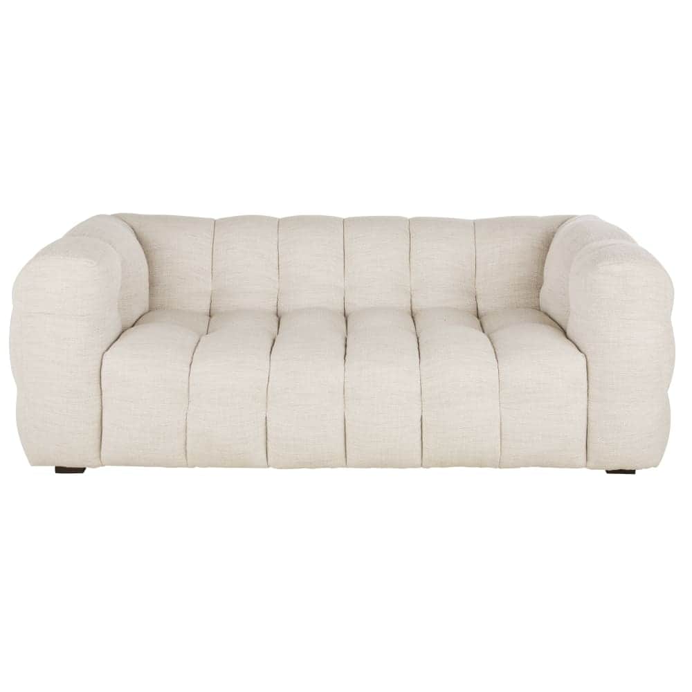 A three-seater sofa with a channeled upholstery design. The sofa features rounded armrests and a low… — 3D model