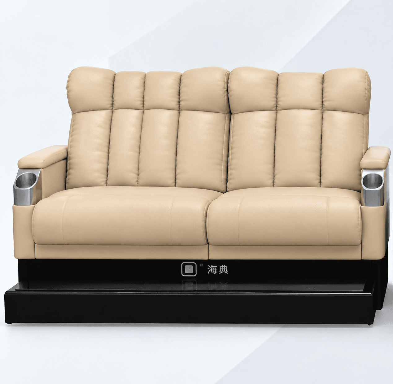 A two-seater home cinema reclining sofa upholstered in light beige (or cream) leather or faux leather, featuring generously padded, segmented backrests and seats. It includes integrated brushed metal cupholders on both armrests and rests on a dark, possibly black, plinth-style base with a glossy dark footrest or platform extending forward. — 3D model