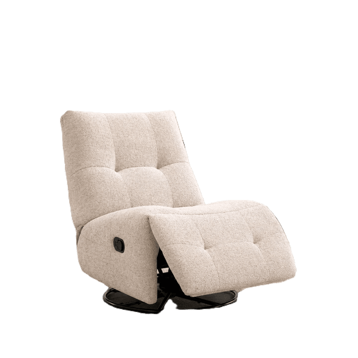 A beige upholstered recliner chair featuring a tufted backrest, integrated footrest, and a black circular swivel base. — 3D model