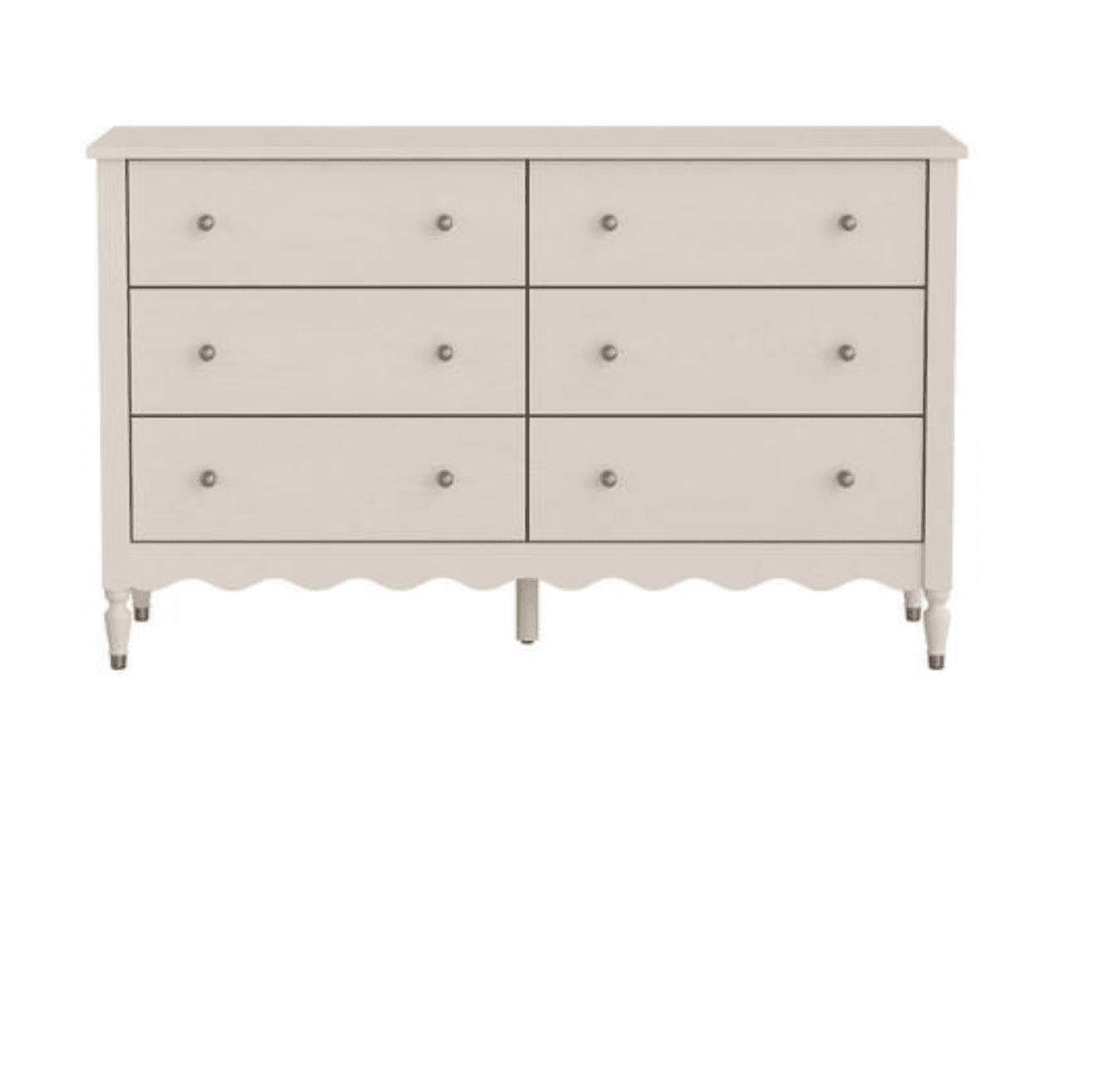 A six-drawer dresser with a light, off-white finish. The dresser features a scalloped apron along th… — 3D model