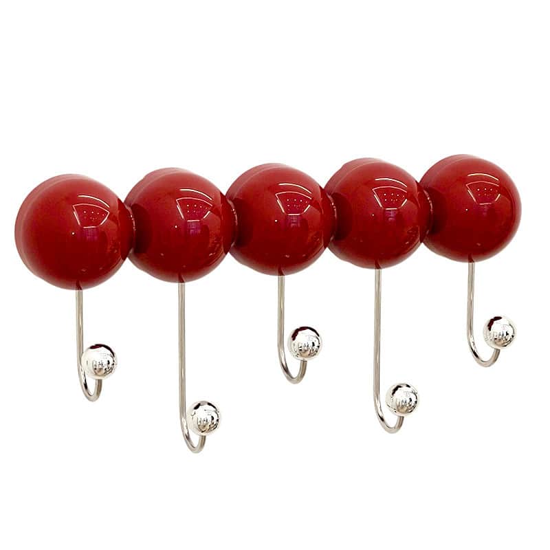 A contemporary wall-mounted coat rack featuring five evenly spaced, large, glossy red spherical elem… — 3D model