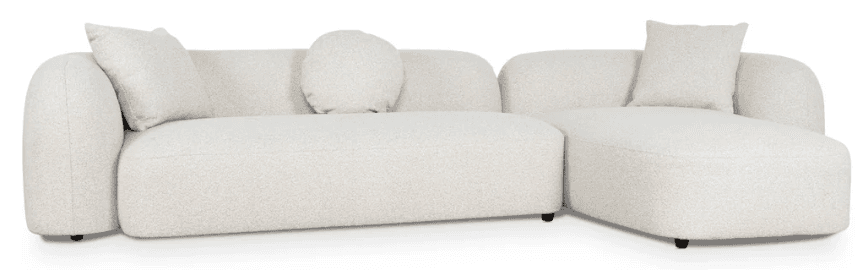 A contemporary modular sectional sofa featuring bouclé upholstery, a low profile, and soft, rounded edges, configured with a main sofa section and a right-hand chaise lounge. — 3D model