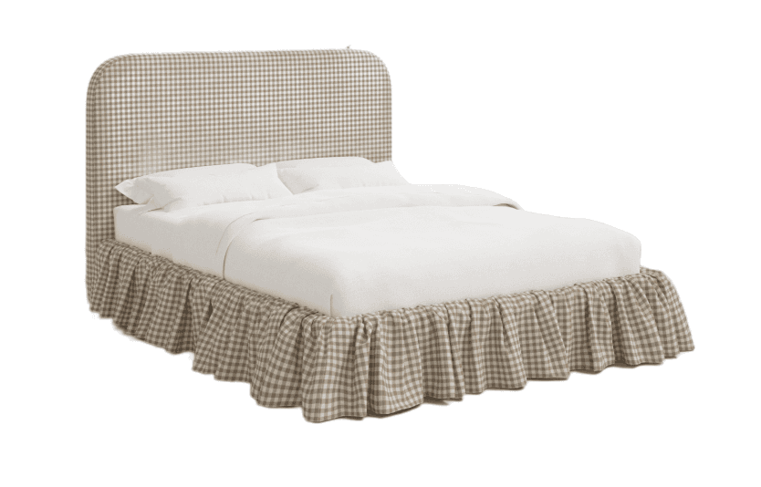 A bed frame upholstered in a beige and white gingham fabric. It features a rounded headboard and a r… — free BLEND 3D model