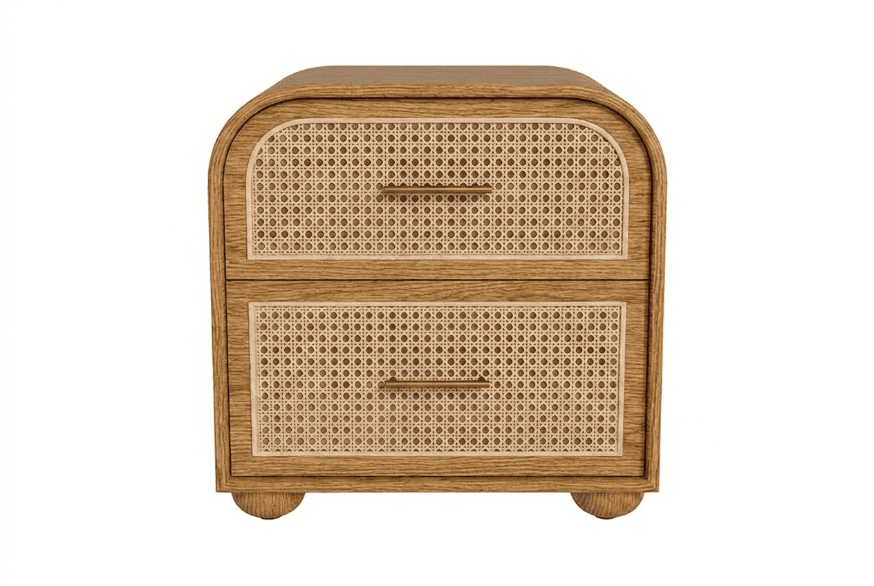 A two-drawer nightstand with a rounded top and curved sides. The drawer fronts are made of cane webb… — 3D model