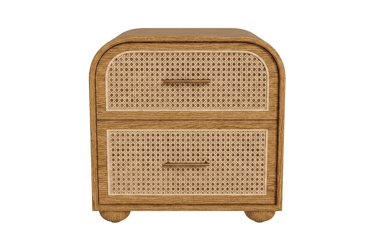 A two-drawer nightstand with a rounded top and curved sides. The drawer fronts are made of cane webbing, framed by a wooden border. The nightstand is supported by two rounded feet at the front. It features brass-colored bar handles on each drawer. — 3D model