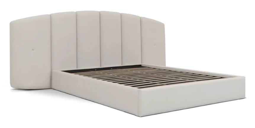 A contemporary upholstered platform bed featuring a tall, curved headboard with vertical channel tuf… — 3D model