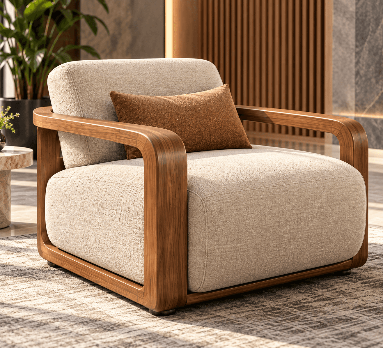 A contemporary lounge chair featuring a dark wood frame with integrated armrests and plush upholster… — 3D model