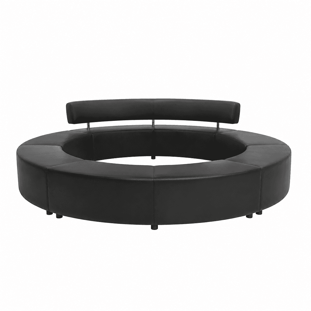 A modern circular modular lounge booth upholstered in black faux leather, featuring a curved backres… — 3D model