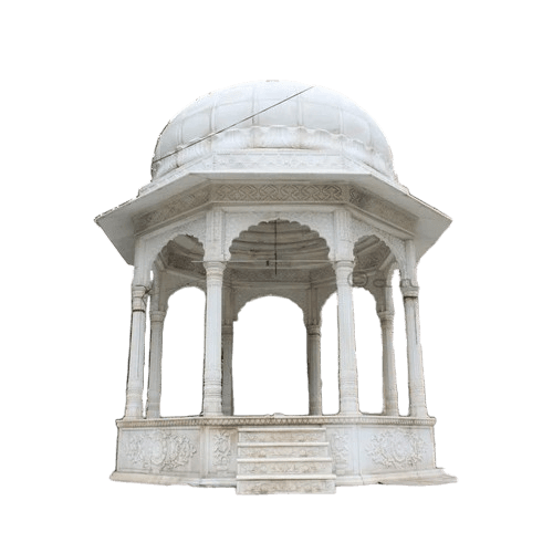 A white marble gazebo with a domed roof, octagonal base, and ornate carvings. It features decorative pillars supporting the roof structure and a small set of stairs leading to the platform. — 3D model
