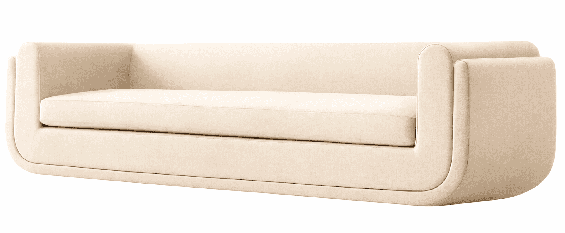 A contemporary upholstered sofa in a light cream or beige fabric, featuring a streamlined, monolithi… — 3D model