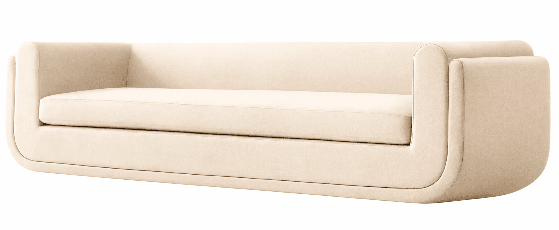 A contemporary upholstered sofa in a light cream or beige fabric, featuring a streamlined, monolithic design with softly rounded edges. The arms flow continuously from the backrest into an integrated plinth base, and it includes a single, long seat cushion. — 3D model