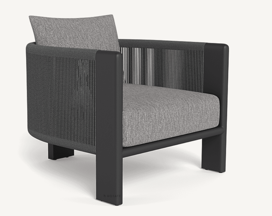 A modern armchair with a dark grey metal frame and woven rope detailing on the sides and back. It fe… — 3D model