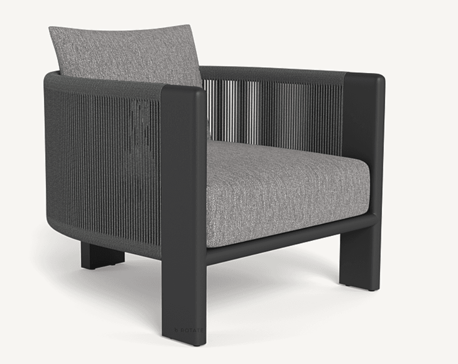 A modern armchair with a dark grey metal frame and woven rope detailing on the sides and back. It features a comfortable grey upholstered seat cushion and a matching back pillow. — 3D model
