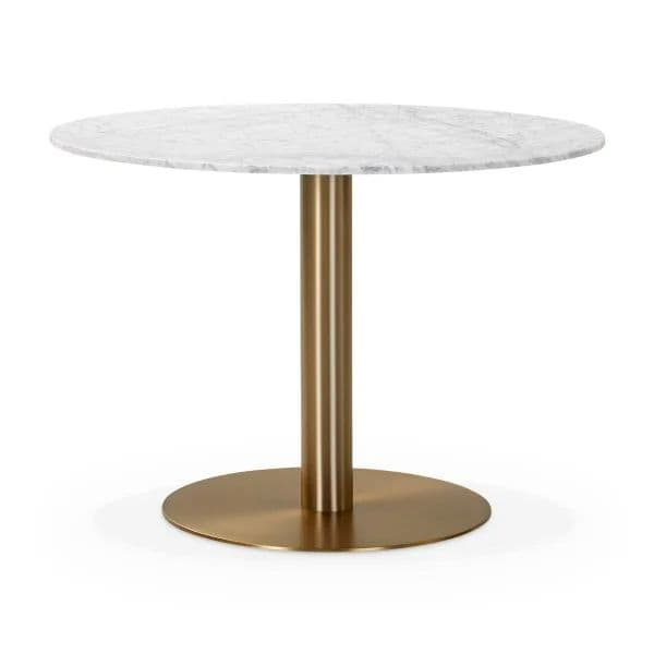 A contemporary round table featuring a polished white marble tabletop with subtle grey veining, supported by a single cylindrical brass pedestal and a matching circular brass base. The design is sleek and minimalist. — 3D model
