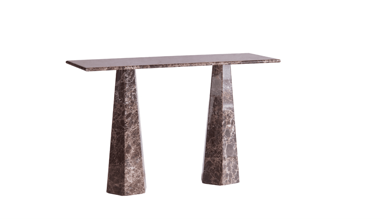 A console table with a rectangular top and two trapezoidal legs. The table features a marbled pattern throughout its surface and legs. The top is flat and elongated, supported by two diverging legs that are wider at the base and taper towards the top. — 3D model