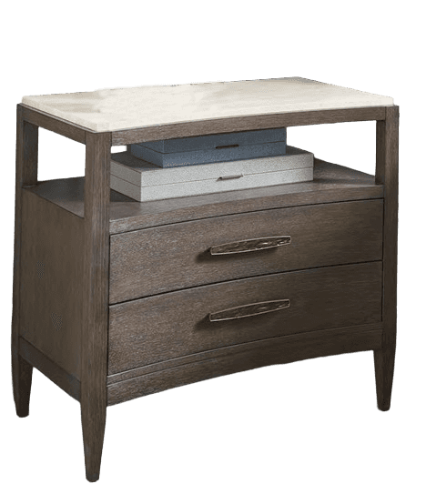 A wooden nightstand with a marble top, featuring two drawers and an open shelf above the drawers. Th… — 3D model