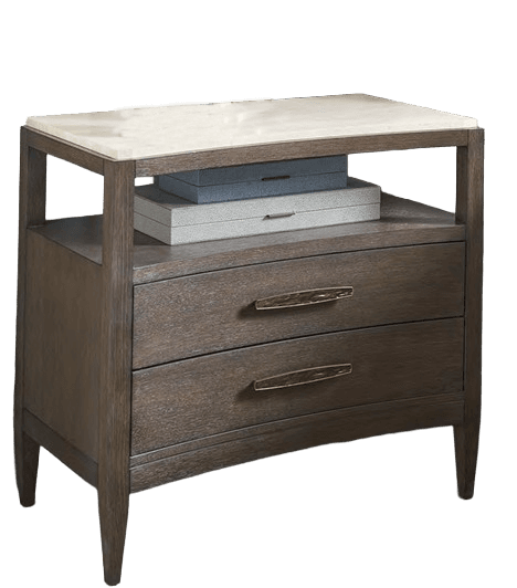 A wooden nightstand with a marble top, featuring two drawers and an open shelf above the drawers. The drawers have decorative metal handles. The nightstand is supported by four tapered legs. — 3D model