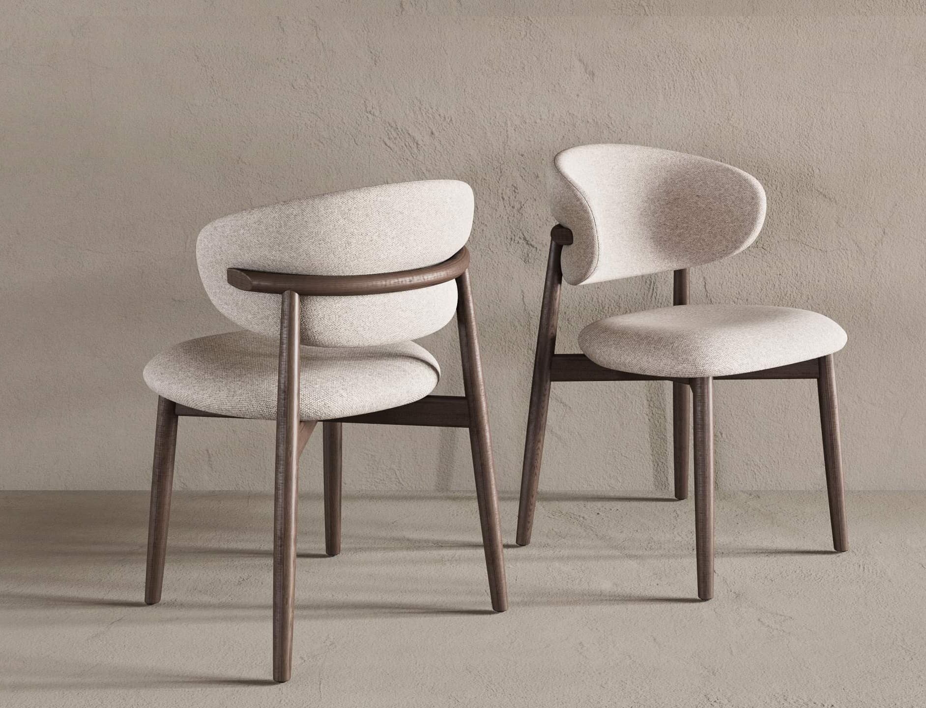 Two modern upholstered chairs with curved backs and wooden frames. The chairs feature a light-colored, textured fabric upholstery for the seat and backrest, and a dark-stained wooden structure for the legs and curved back support element. — 3D model
