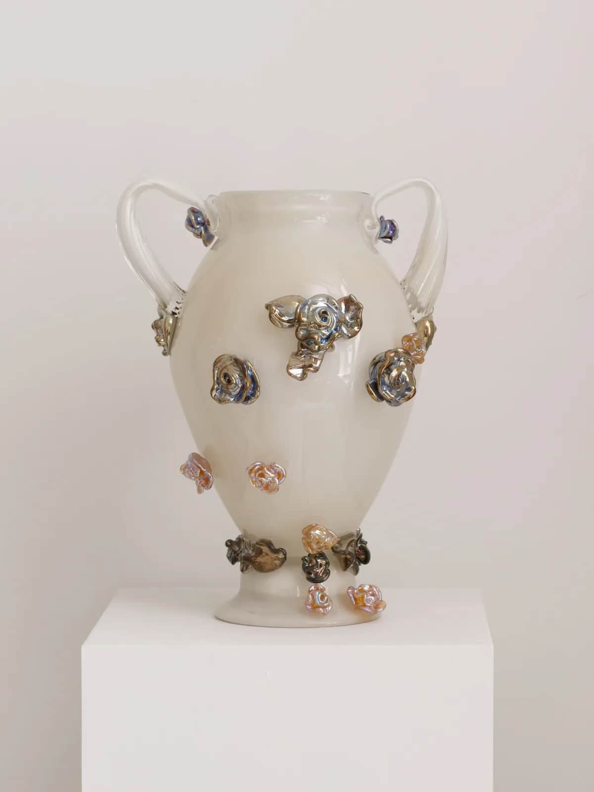 A decorative amphora-style vase made from opaline glass, featuring a milky white, semi-translucent b… — 3D model