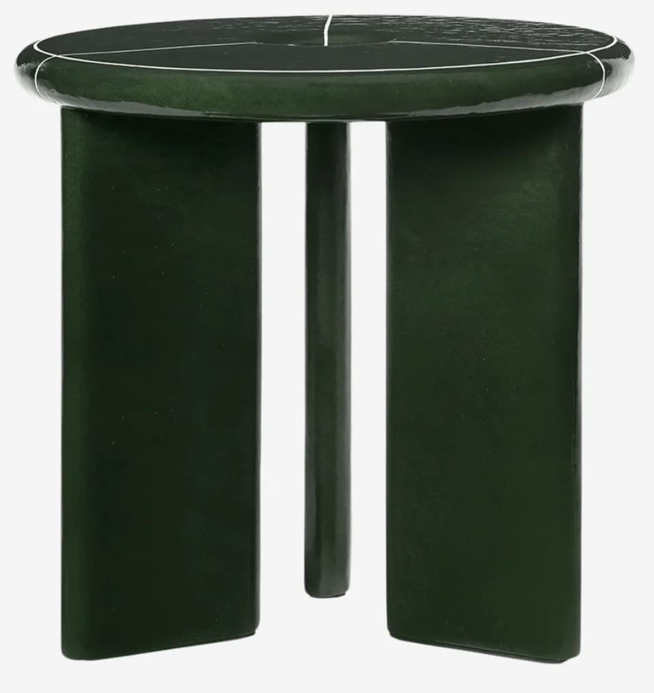 A dark green, round-top stool with three distinctive legs. The top surface features a striking white veining pattern, characteristic of malachite or jade. Two of the legs are broad and flat, while the third is a slender cylinder, creating an asymmetrical and modern silhouette. The entire piece appears to be crafted from a composite material with a high-gloss finish. — 3D model