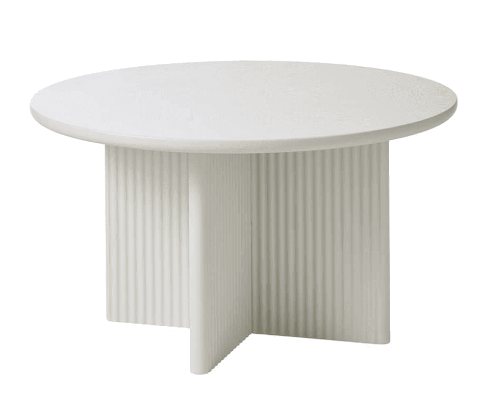 A white round coffee table featuring a distinctive fluted pedestal base. The table has a minimalist aesthetic with a textured base. — 3D model