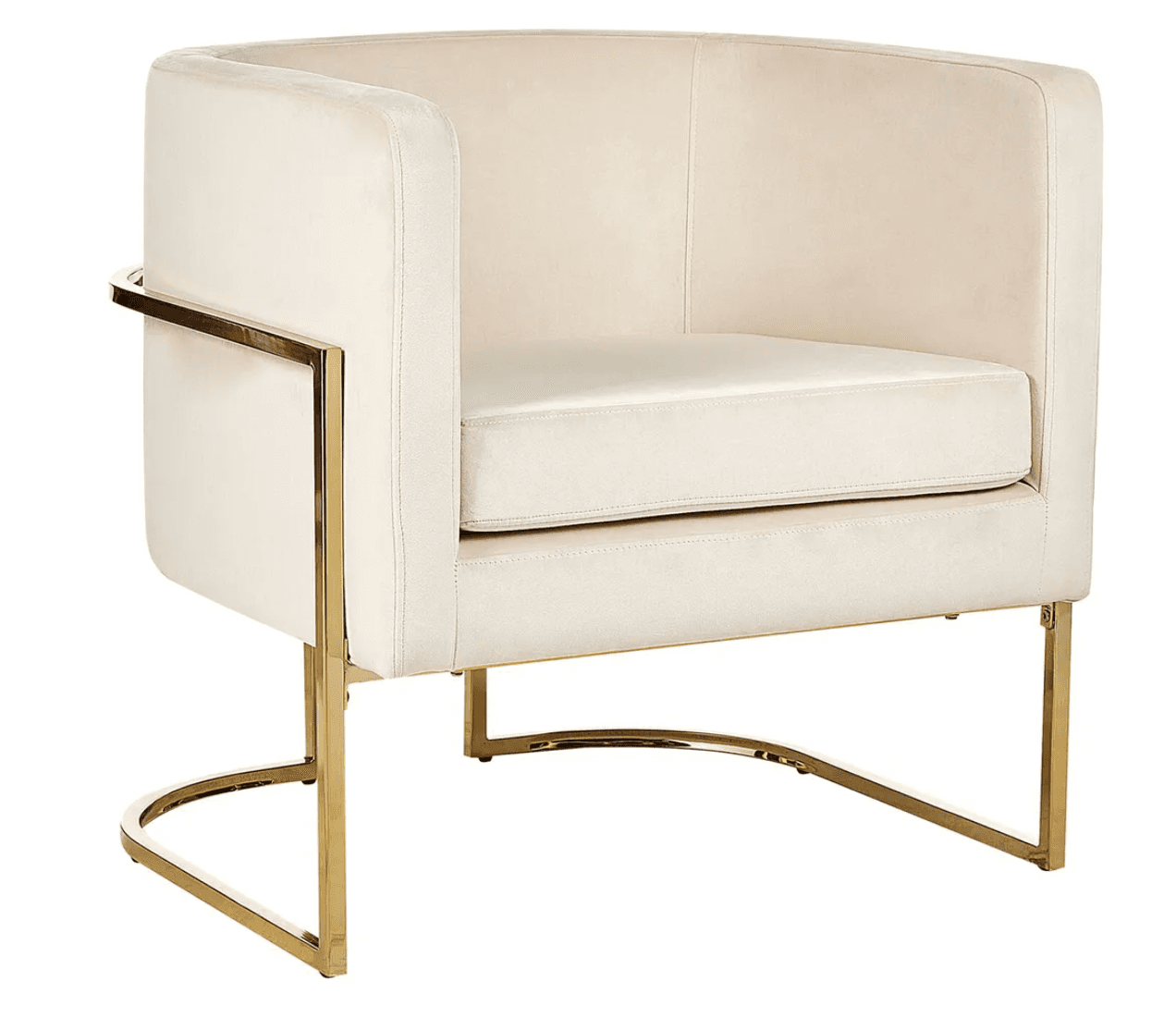 An upholstered barrel-style club chair featuring a continuous curved back and integrated armrests. The chair is covered in a cream-colored, velvet-like fabric. It stands on a polished brass-finished metal frame that forms sled-style legs and also incorporates a distinctive horizontal bar accent on the exterior of the armrests. The seat is fitted with a removable, rectangular cushion. — 3D model