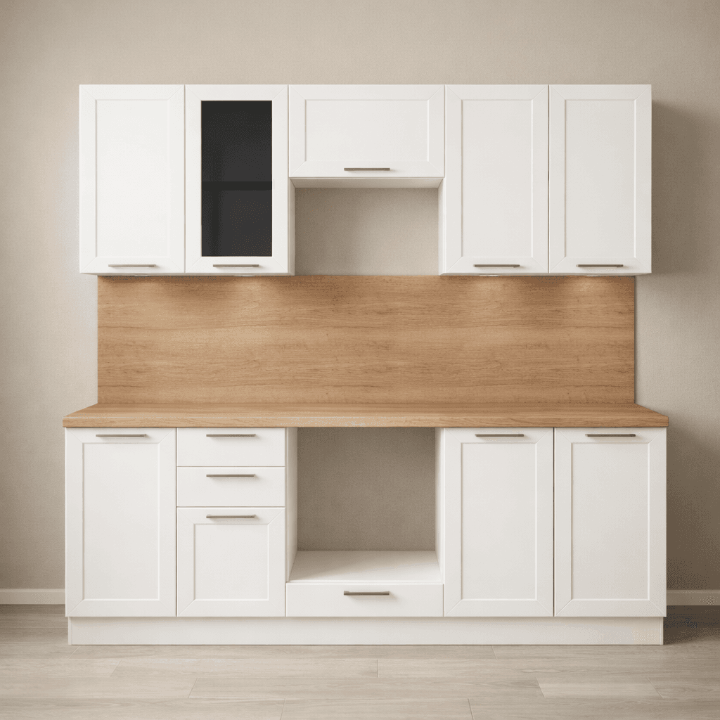 A set of white kitchen cabinets, featuring a combination of upper and lower units. The upper cabinets include a glass-fronted cabinet with a dark tinted glass and solid white doors. Below the upper cabinets is a wood-effect backsplash and countertop. The lower units comprise several cabinets and drawers, including a three-drawer unit, a larger cabinet, and an open shelving unit designed for an appliance, all with integrated handles and a consistent white finish. — 3D model