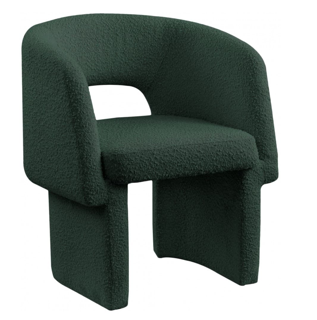 A dark green bouclé upholstered armchair featuring a distinctive sculptural and rounded silhouette, with integrated armrests and robust block-like legs, embodying a contemporary aesthetic. — 3D model