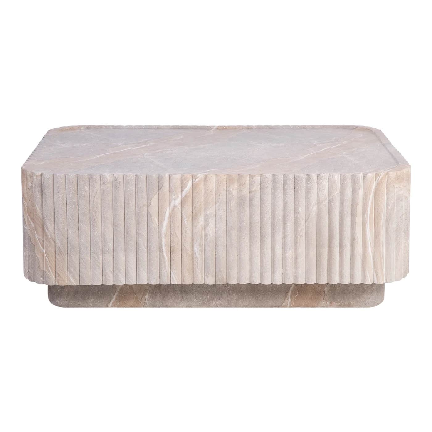 A low, rectangular coffee table crafted entirely from natural marble. The main body of the table fea… — 3D model
