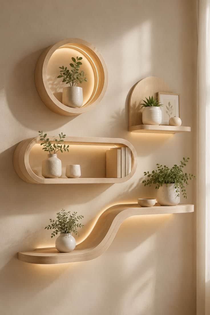 An S-shaped wall-mounted shelf featuring a light-toned wooden frame and an integrated, diffused LED… — 3D model