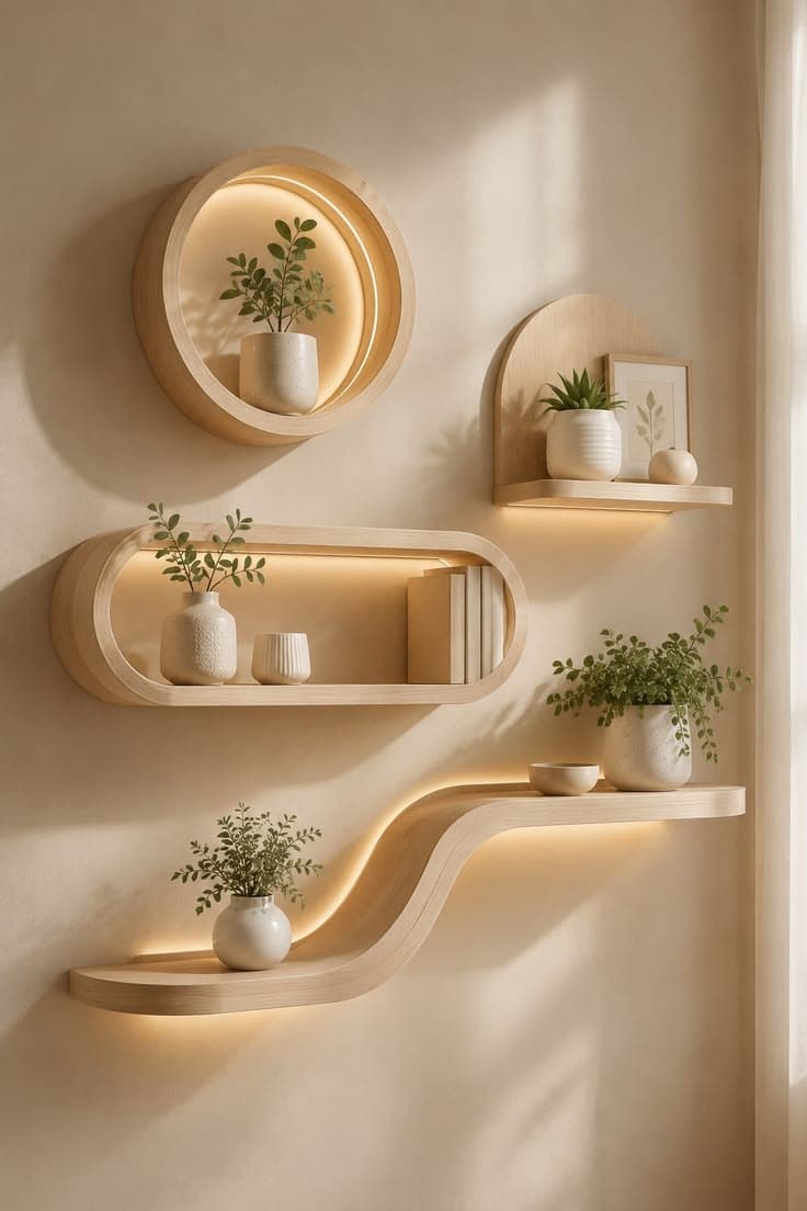 An S-shaped wall-mounted shelf featuring a light-toned wooden frame and an integrated, diffused LED light panel running along its entire length. The illumination emanates from the recessed surface, providing ambient light. The shelf has a minimalist and contemporary aesthetic. — 3D model