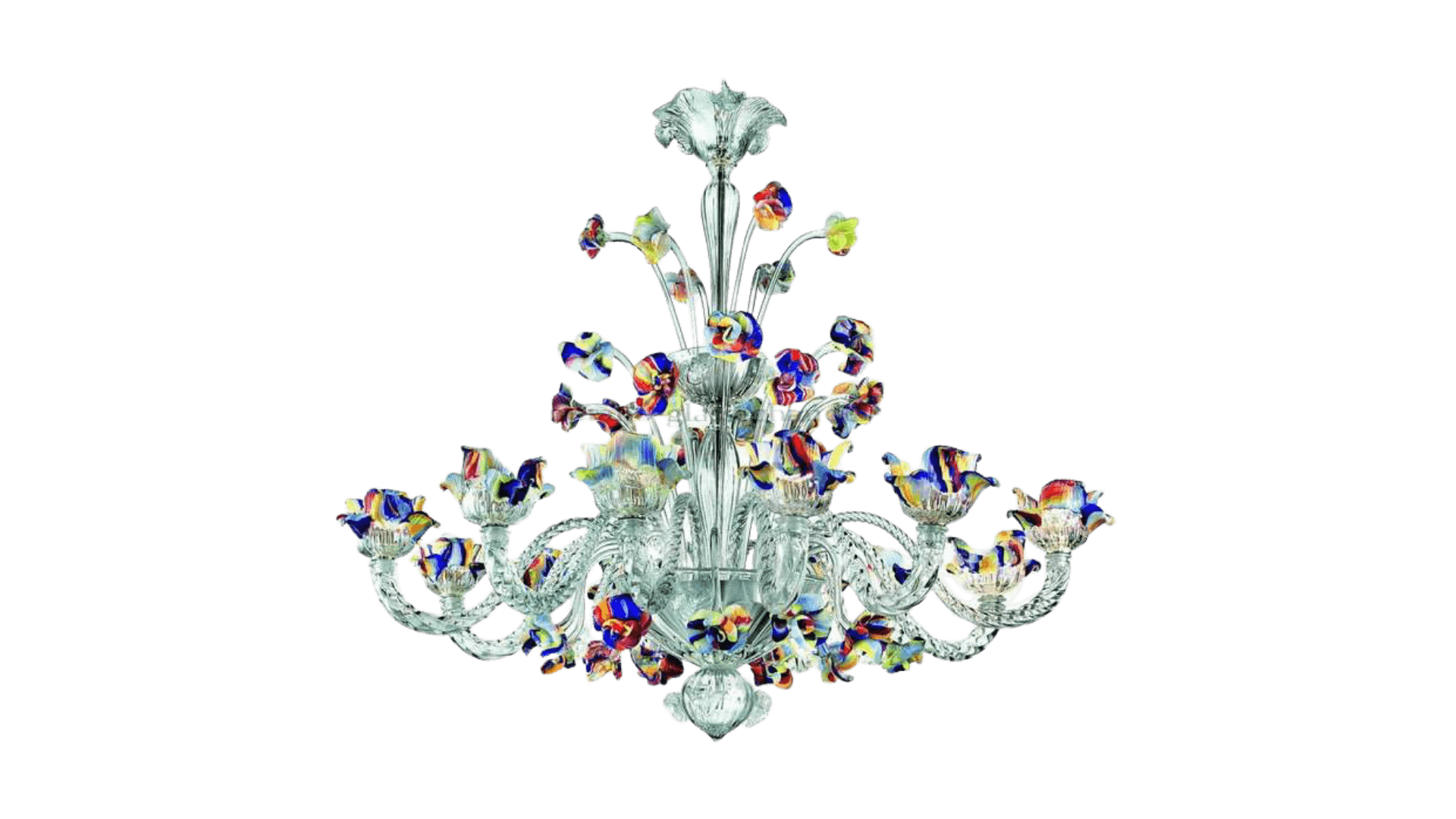 A multi-tiered glass chandelier adorned with numerous glass flowers in various colors. The central s… — 3D model