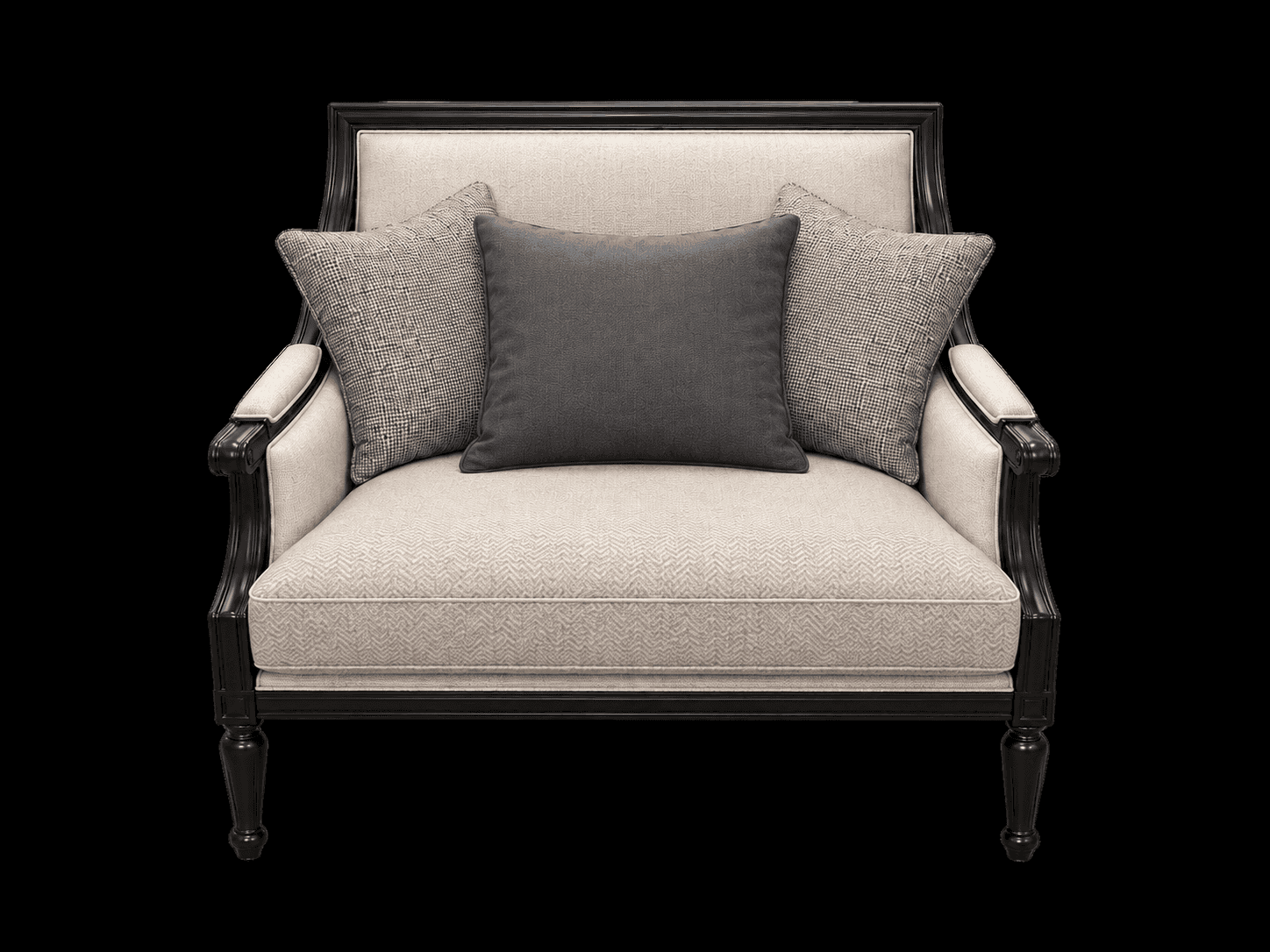 A traditional-style loveseat featuring an exposed dark wood frame with elegant curves, upholstered i… — 3D model